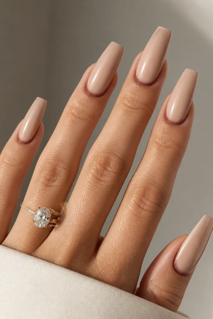 Coffin nails in a neutral nude glossy base. At the cuticle, there's a matte halo ring about 1-2mm wide, like a soft blur, with clean edges.