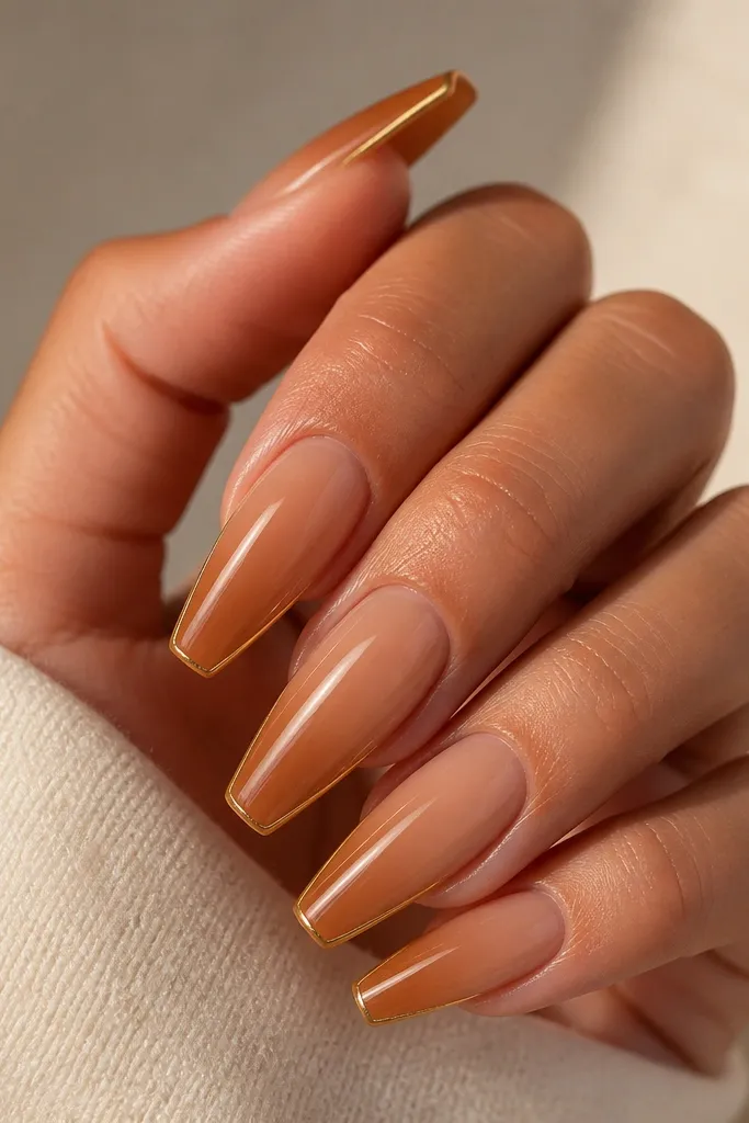 Coffin nails in caramel toffee shades, from warm nude near the base to deeper caramel at the tip. A thin gold outline traces the tip edge like a frame, with a glossy finish.