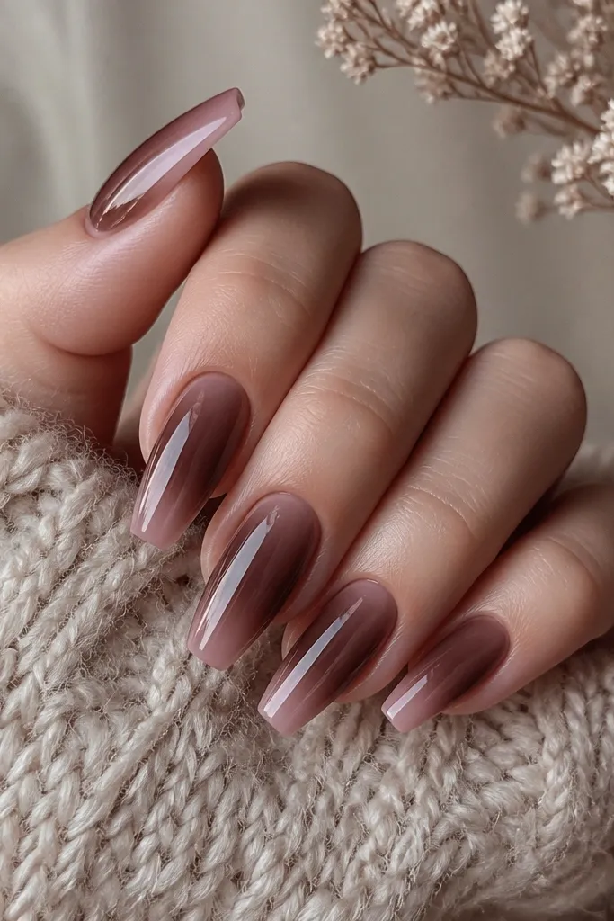 Coffin nails with rosewood brown on the lower half. The tips have a sheer pink overlay that fades upward slightly, creating a soft two-tone ombré effect with a glossy finish.