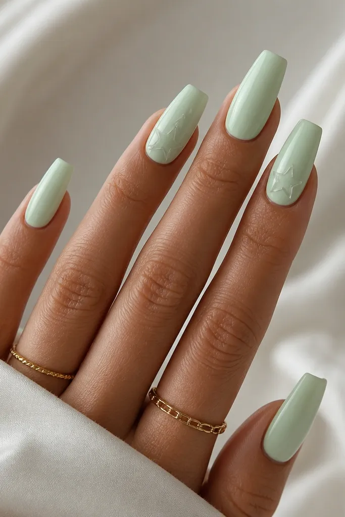 Coffin nails in sea glass green - a pale minty green with a glossy finish. On accent nails, tiny star outlines are drawn in clear gel, so they look like ghost stars.