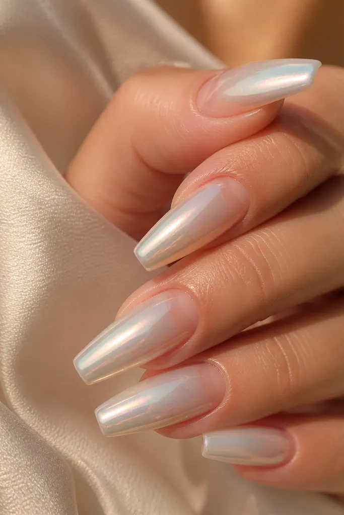 Coffin nails with a clear base at the cuticle and a pearl chrome dust gradient toward the tip. The tip is the brightest, with a soft mirror shimmer and glossy topcoat.