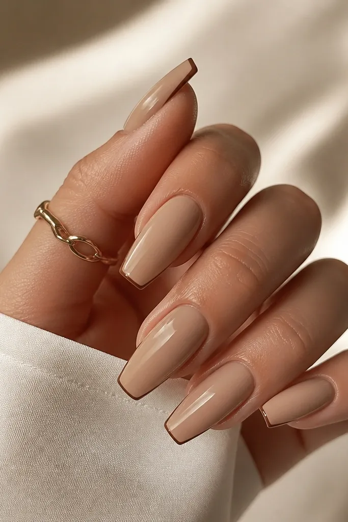 Coffin nails in warm sand nude with glossy finish. A very thin brown micro French line sits at the tip edge, with a short curve and clean symmetry.