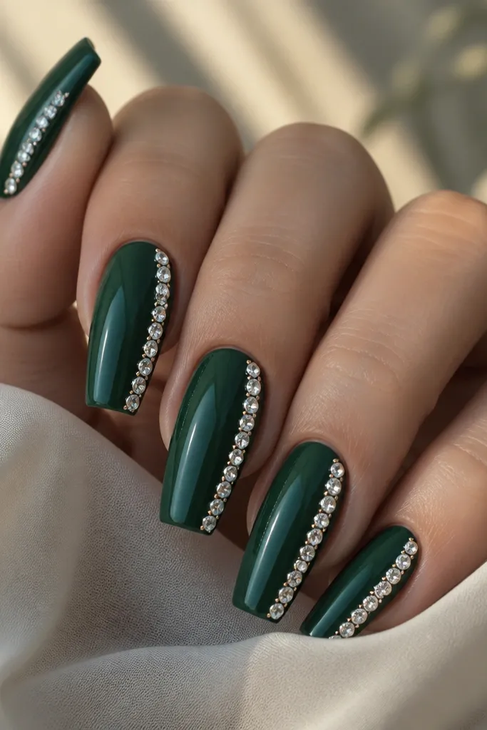 Coffin nails with an emerald green glossy base. Along one side near the tip, there's a straight line of clear rhinestones set tightly together like a crystal stripe.