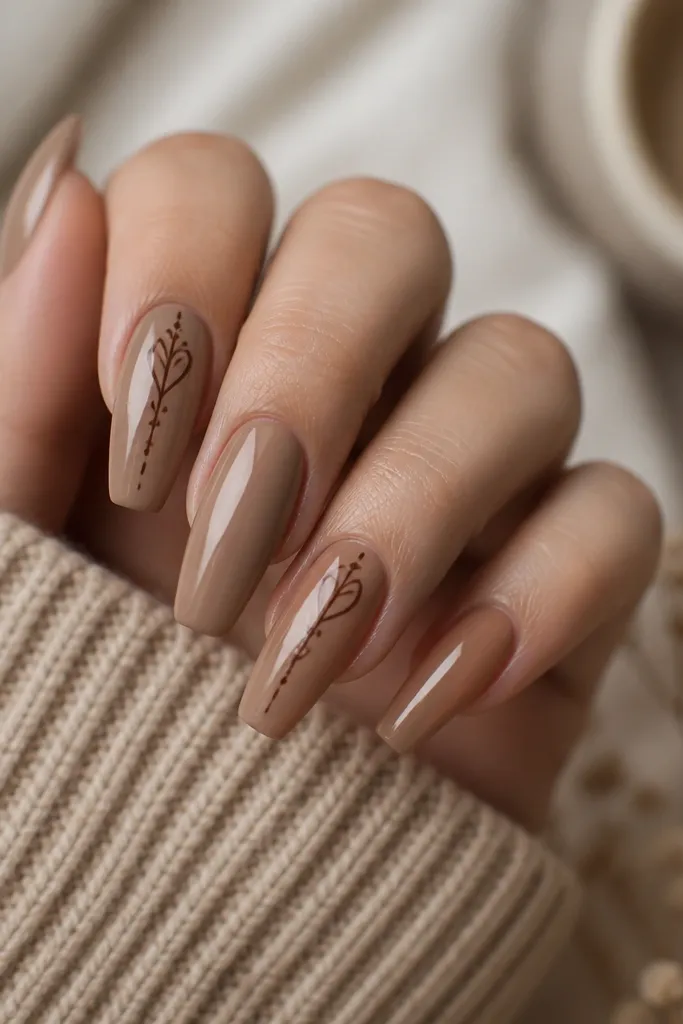 Coffin nails in mocha nude with glossy finish. On two nails, there's a thin latte art design in dark brown running down the center - a simple heart/rosetta shape with small dots.