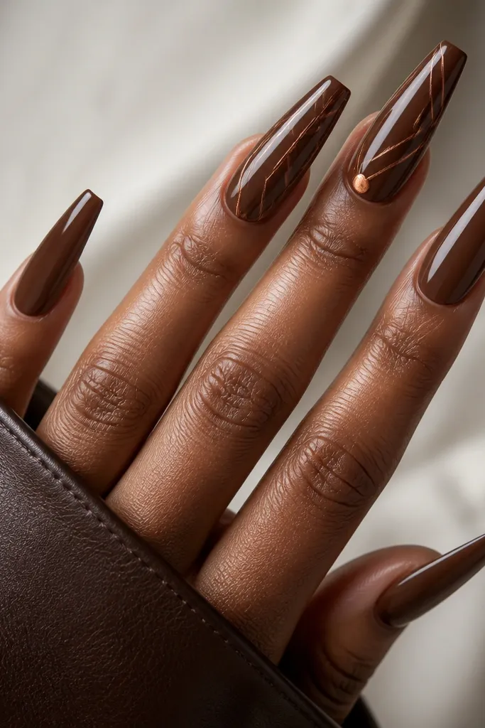 Coffin nails painted glazed chestnut brown with a glossy, almost syrupy finish. Thin copper lines run diagonally across the nail on the ring finger and middle finger, like minimal circuitry.