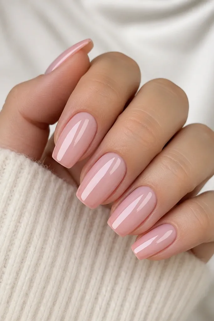 Five short coffin nails on a light skin tone hand. Nails are sheer baby pink with a glossy clear strip running down the center from near the cuticle to the tip. Sidewalls are slightly deeper pink.