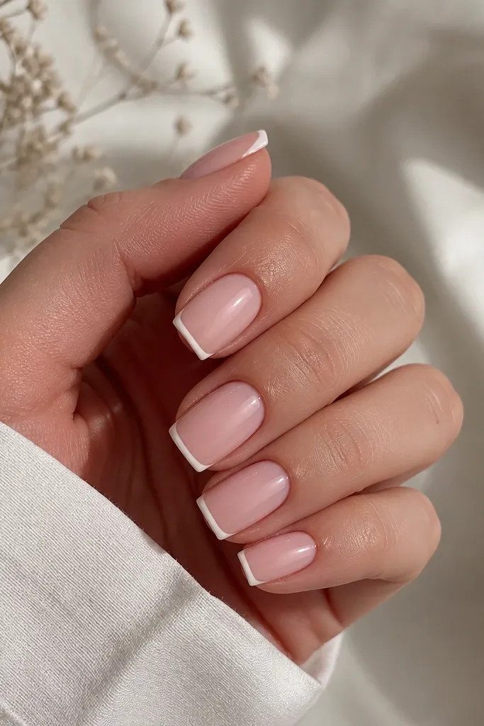 Short coffin nails painted milky pink. At the very tip there's a thin, crisp white line like a miniature french, with no thick band.
