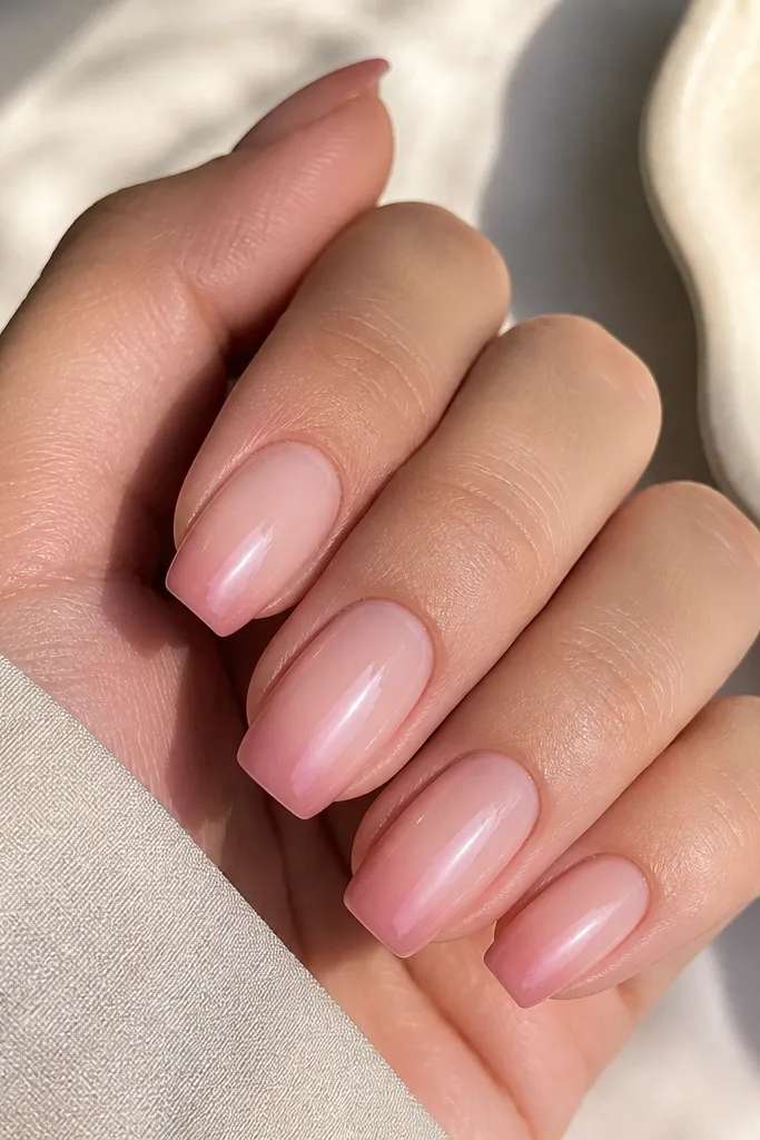 Short coffin nails with a sheer rose base. The sides are deeper blush, fading into the center with a smooth gradient.