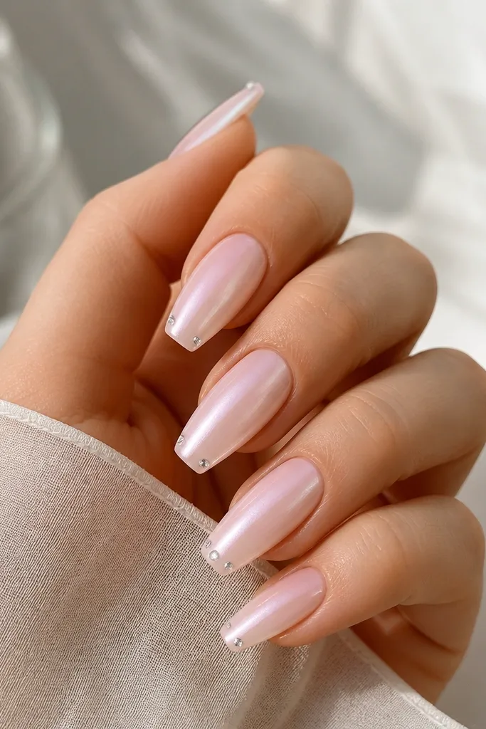 Coffin nails in soft pink pearl. On each nail, there's a single tiny crystal placed near the outer corner of the tip, like a corner accent.