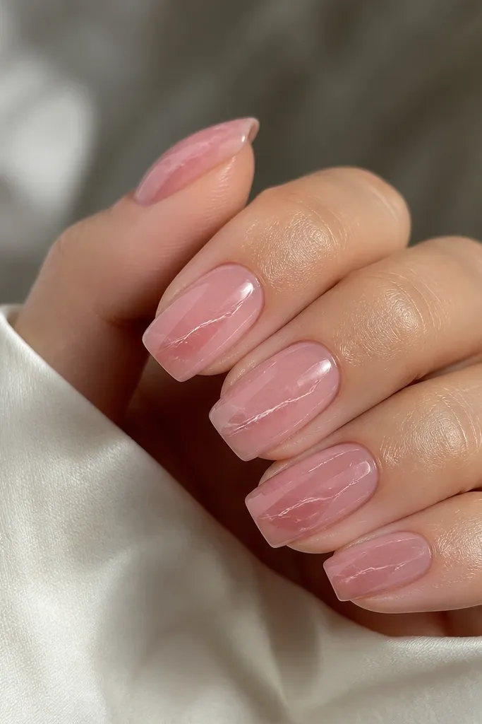 Short coffin nails with a translucent rose pink base. Thin clear crackle lines run diagonally across each nail like quartz veins.
