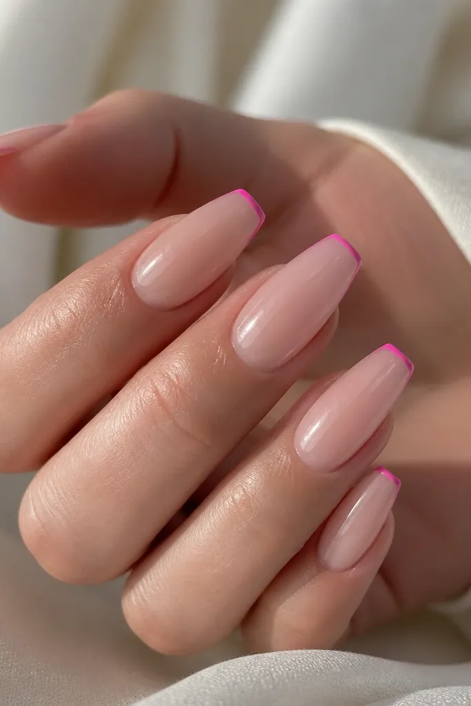 Coffin nails with a clear or very sheer nude base. A hot pink micro-french line sits right at the tip, very thin and crisp.