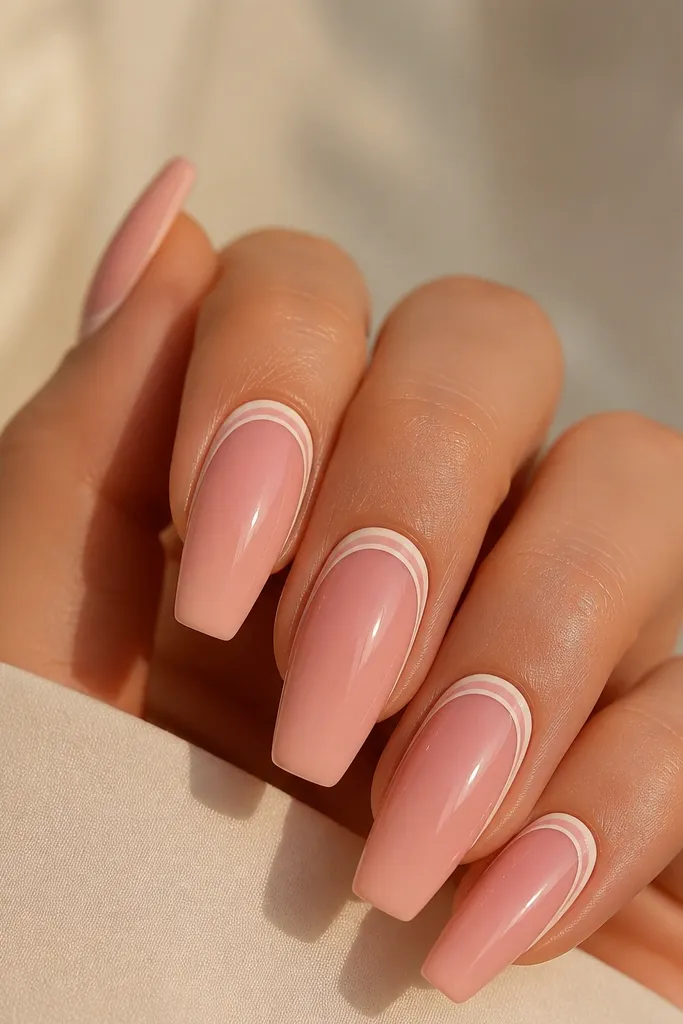 Short coffin nails in soft pink. There's a thin outline around the cuticle using two colors: pale pink inside and slightly deeper pink outside.