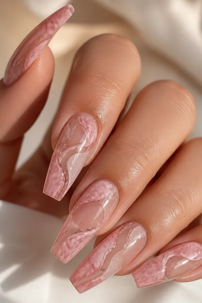Coffin nails with a pink marble pattern. Clear negative space swirls run through the design, leaving see-through lines.