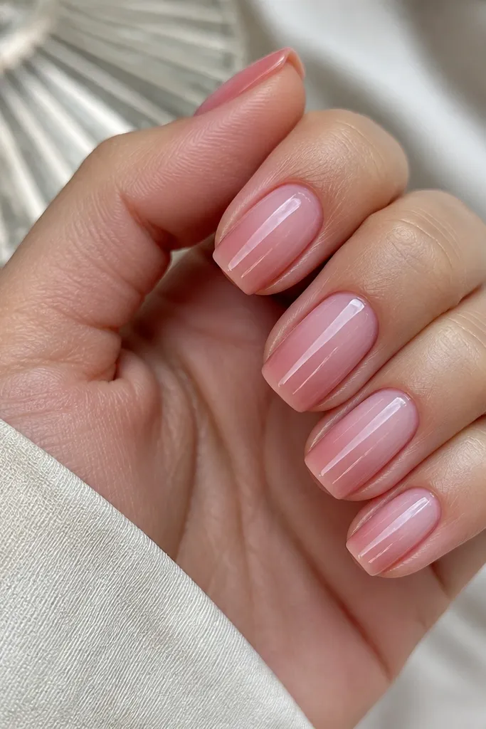 Short coffin nails with blush ombre that fades from deeper sides to lighter center. A slightly raised glossy stripe runs down the center.