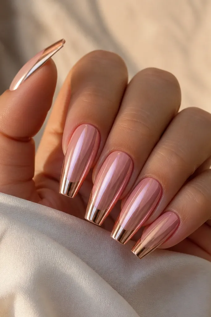 Coffin nails with soft pink base. Only the last 2-3 mm of each nail has pink chrome, forming a narrow mirror tip band.