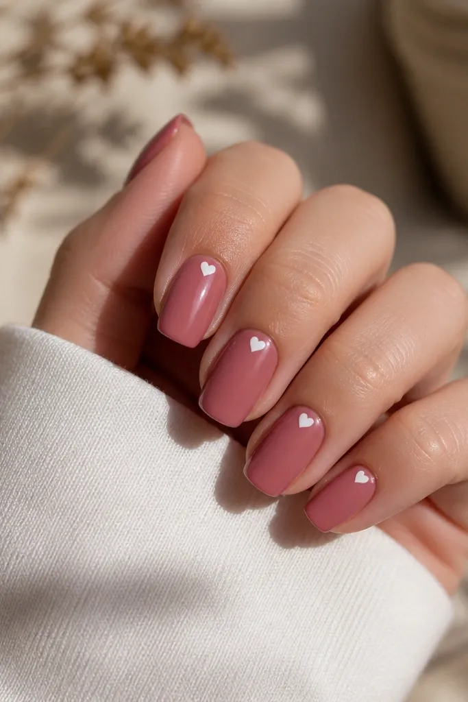 Short coffin nails in dusty rose. A tiny white heart sits near each cuticle center, about 1-2 mm wide.
