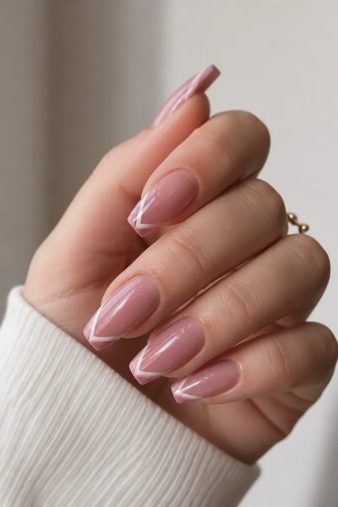 Coffin nails in sheer rose. At the tip, two diagonal lines run from outer edge toward center, one pale pink and one white.