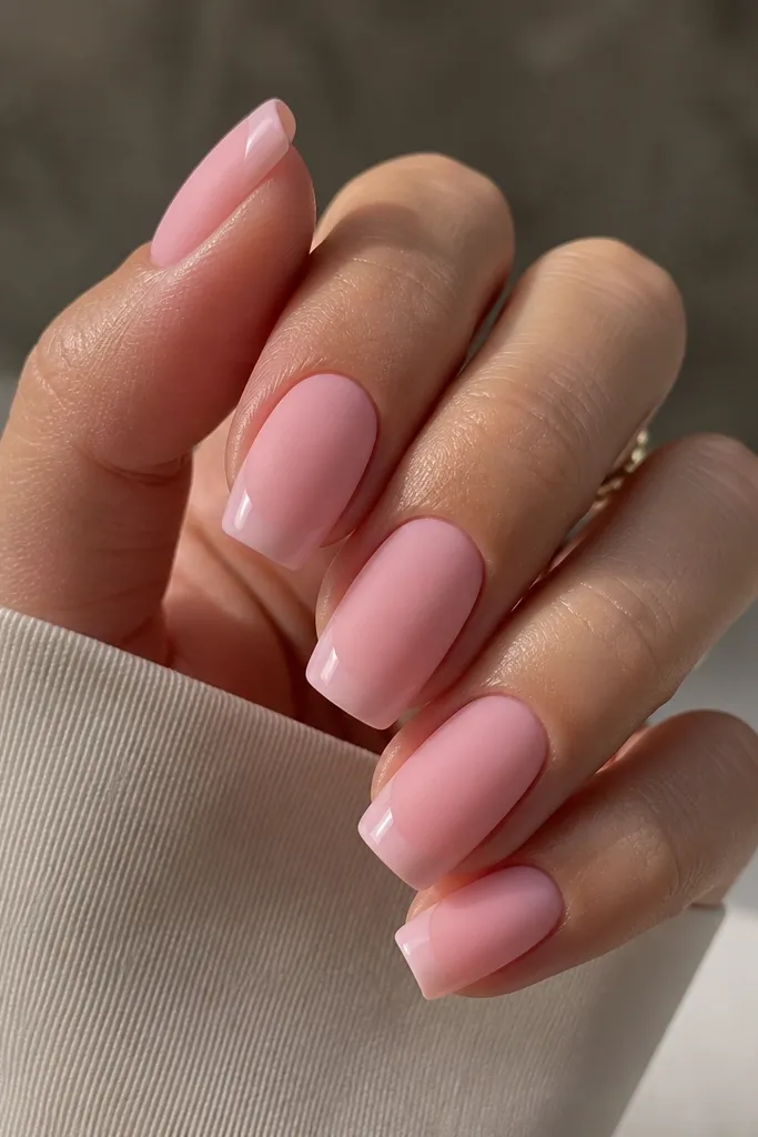 Short coffin nails with a soft pink satin base. The middle looks matte, while the last 2-3 mm at the tip is glossy.
