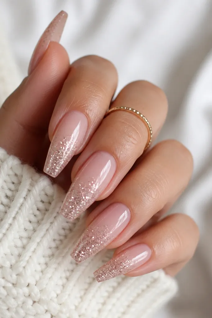 Coffin nails with a sheer pink base. Glitter starts at the tip and fades upward, leaving most of the nail clear-pink.