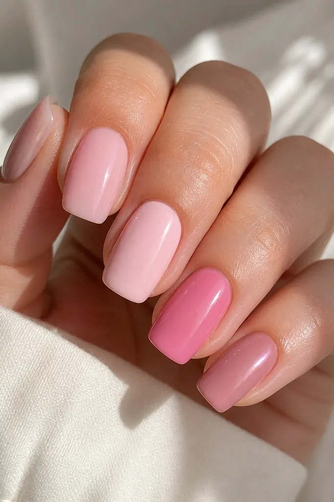 Each nail is different pink: one sheer baby pink, one milky pink, one bubblegum pink, one dusty rose, and one pink pearl. All are short coffin with glossy finish.