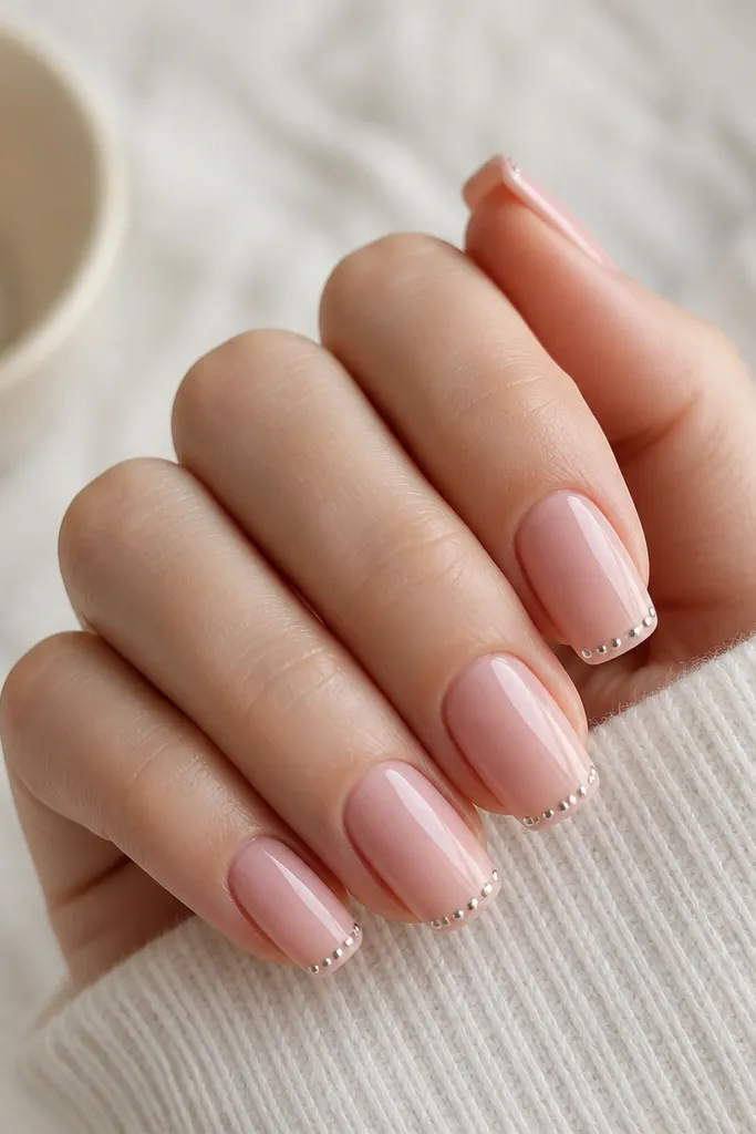 Short coffin nails in blush pink. Along the very tip there's a single row of tiny silver studs set in a straight line.