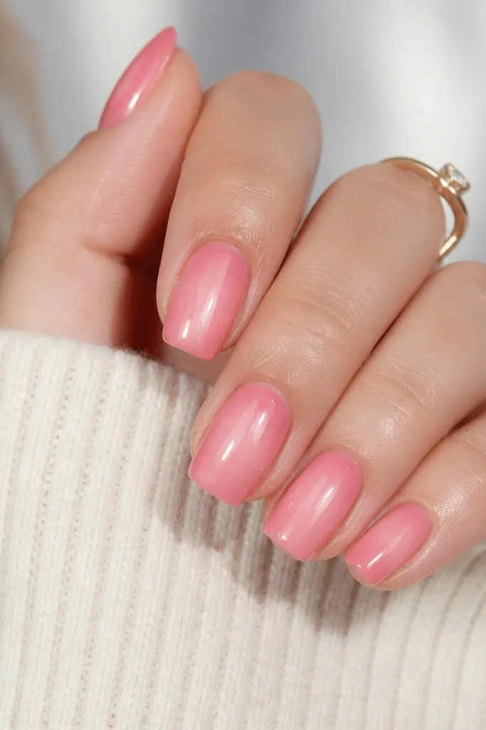 Short coffin nails with ombre from deeper pink at the cuticle sides to lighter center. A clear, glossy apex area catches light like a glow.