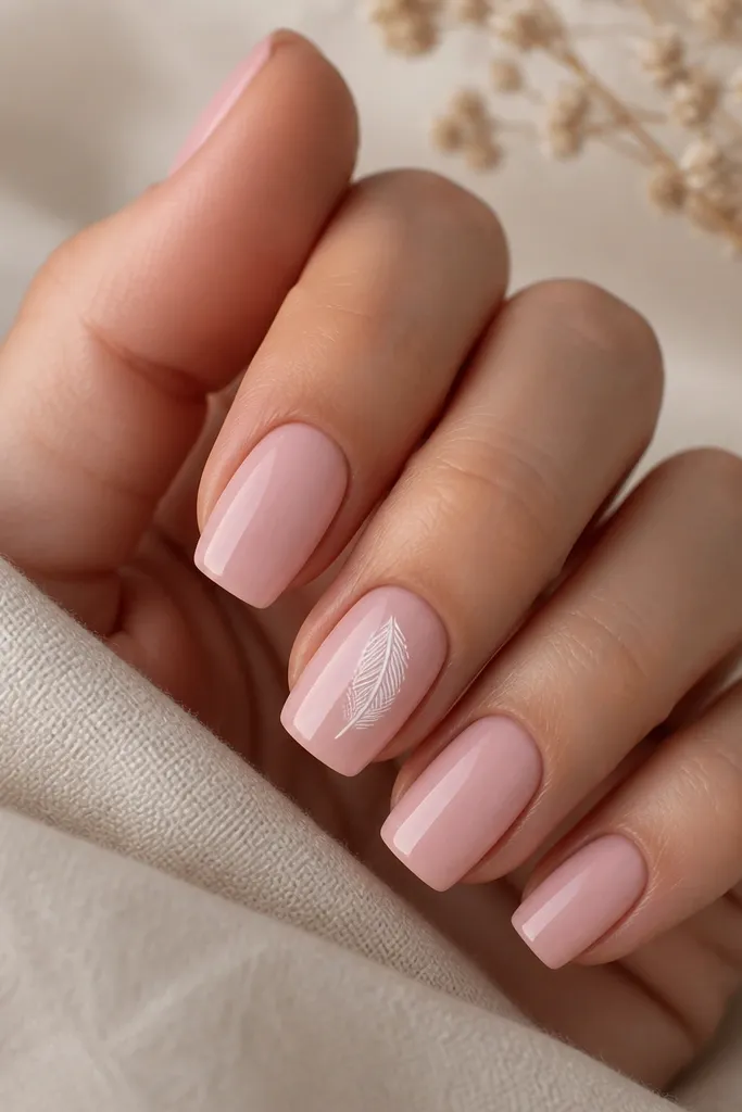 Short coffin nails in soft pink. One nail has a small white feather graphic near the center, with a few thin lines showing barbs.