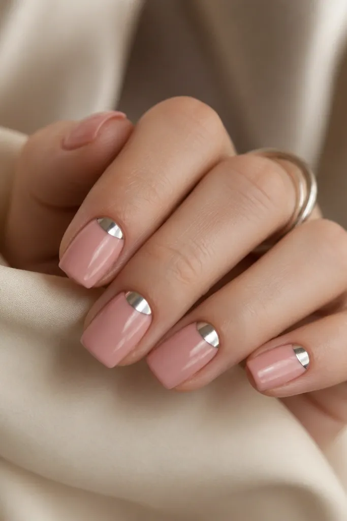 Short coffin nails in cameo pink. Each nail has a small silver half-moon shape at the cuticle, like a reverse french.