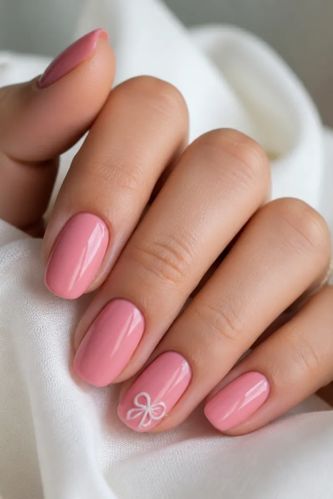 Most nails are glossy pink. One accent nail has a tiny white bow at the tip corner made of two curved loops with a small center knot.