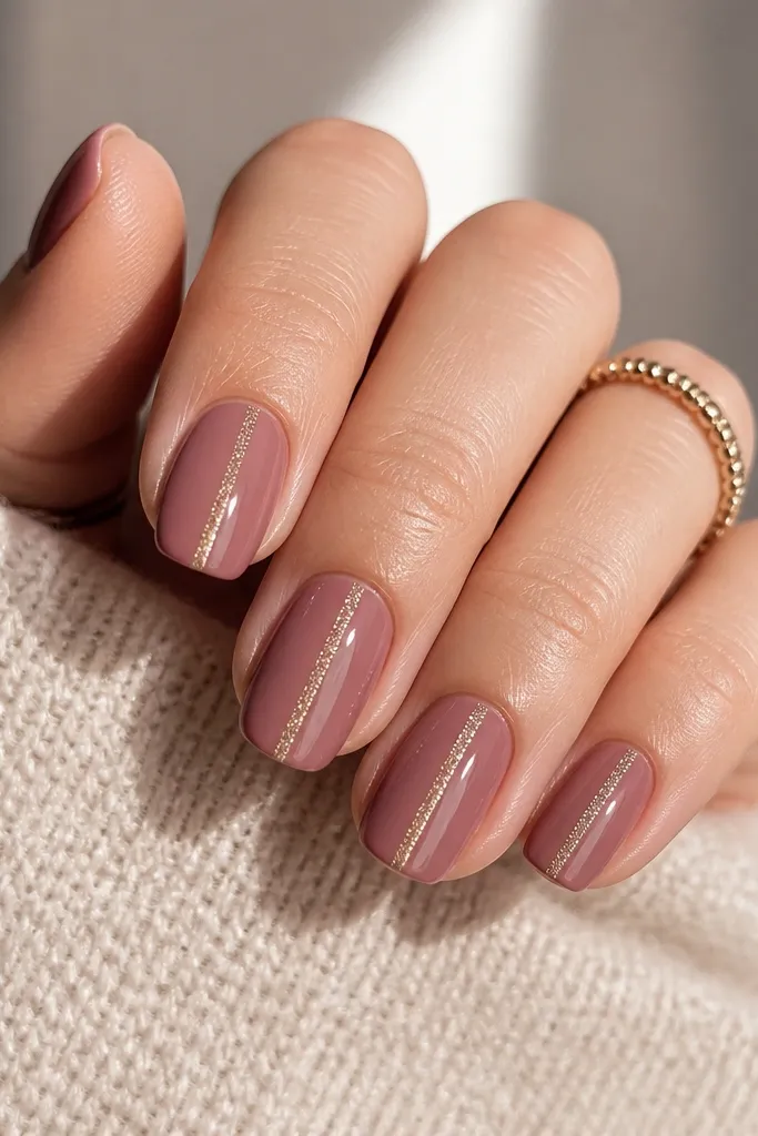 Short coffin nails in dusty rose. A thin glitter line runs straight down the tip like a road, centered on each nail.
