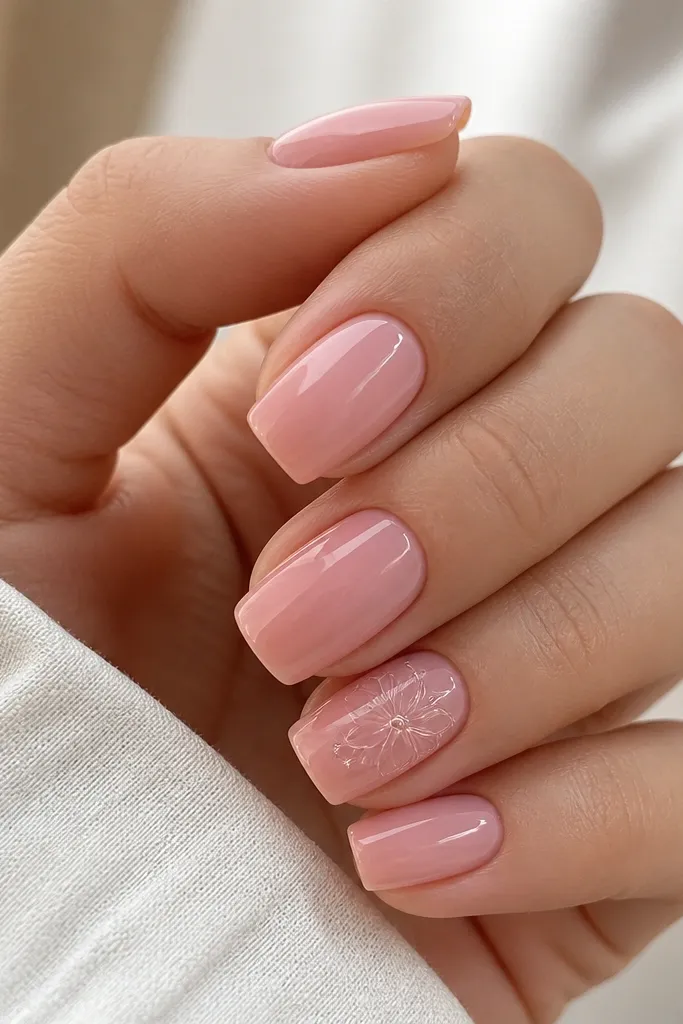 Short coffin nails in soft pink. One nail has a simple flower drawn in clear gel outlines, with no heavy white fill.