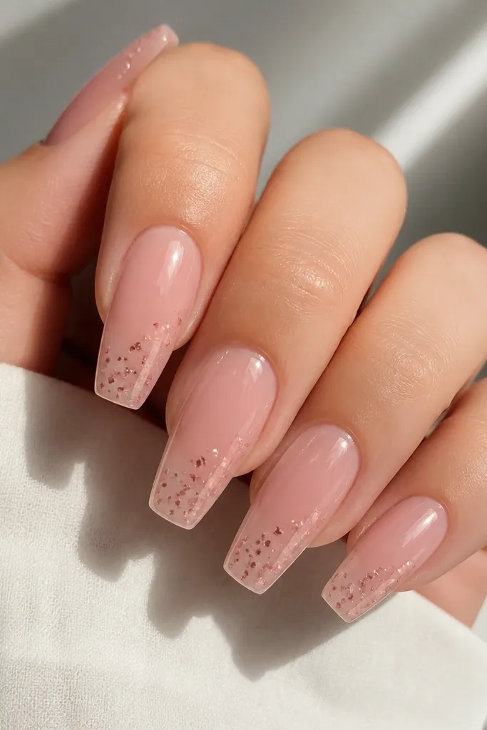 Coffin nails in sheer pink. Tiny blush confetti dots and micro flecks sit diagonally from mid-nail to tip, very sparse.