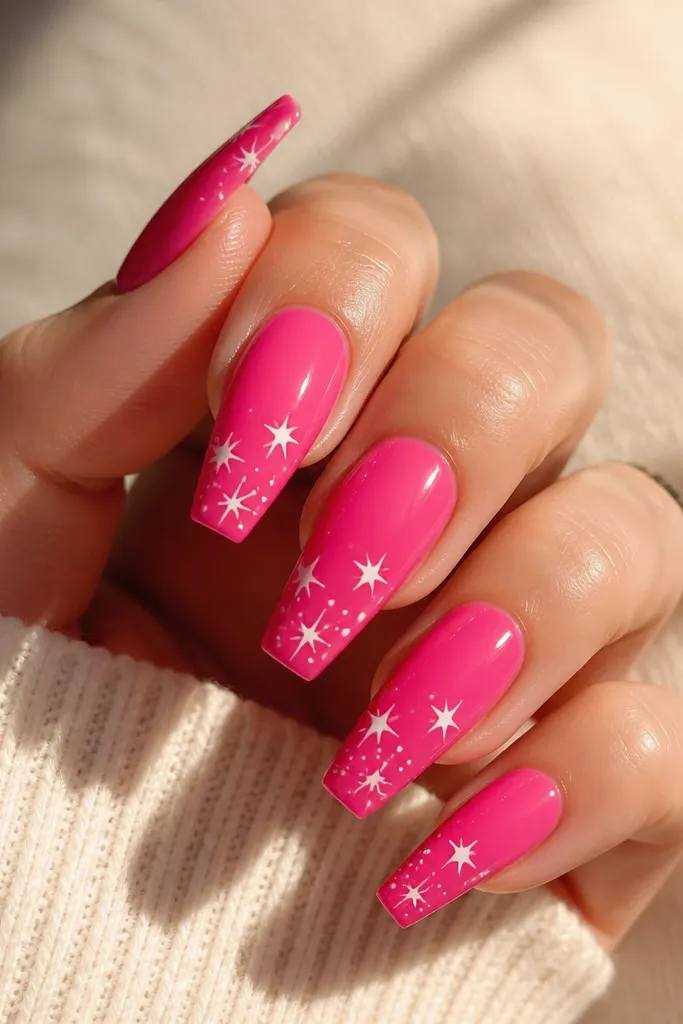 Short coffin nails in glossy hot pink. On each nail, a small cluster of 2-3 white stars sits near the tip, concentrated at the center.