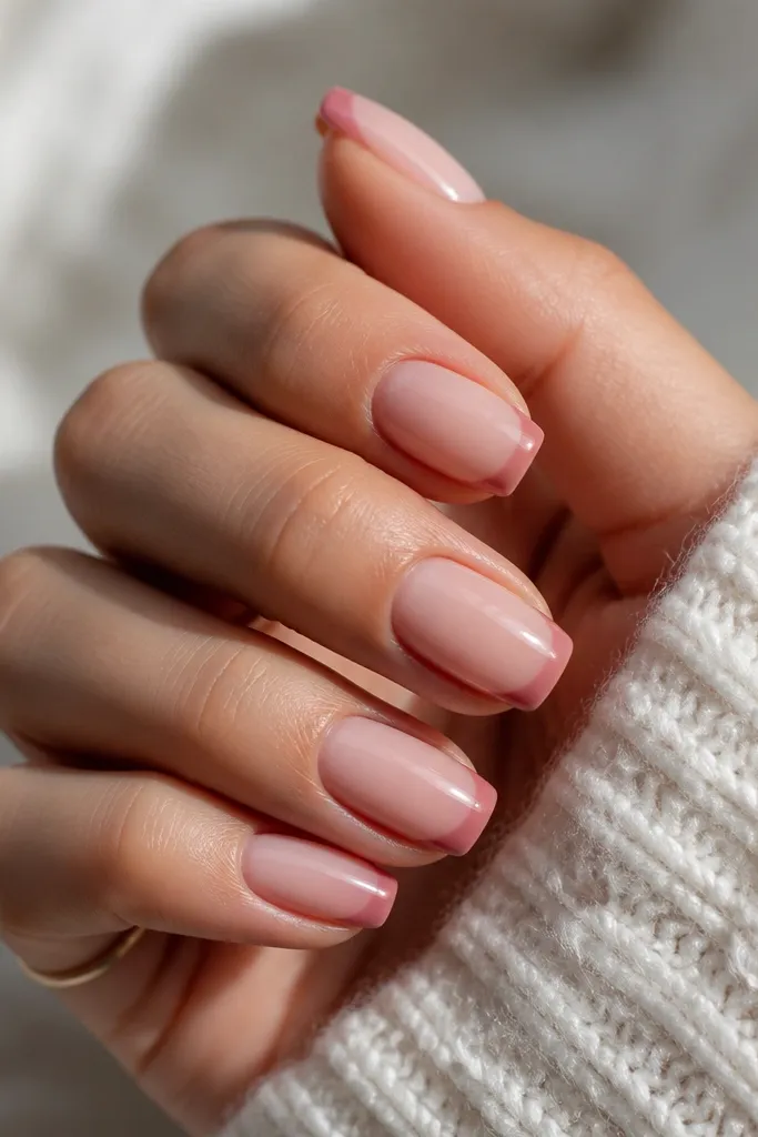 Short coffin nails with glossy nude-pink base. Only the last 2-3 mm has a rosy edge gradient, darker at the tip and lighter toward the center.