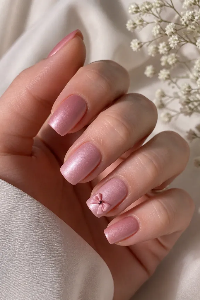 Short coffin nails in satin pink. One nail has a small bowtie shape near the tip made from two thin satin-finish pink pieces with a darker center.