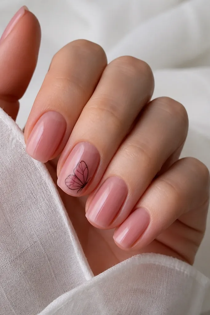 Short coffin nails in sheer pink. On one nail, there are thin black-brown outline lines forming a small butterfly wing near the center, with subtle rose fill behind.