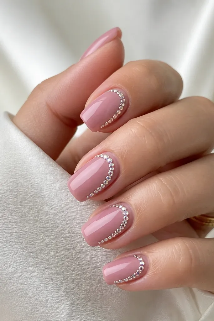 Short coffin nails in rose pink. Each nail has a single curved line of tiny rhinestones following the arc from sidewall to tip edge.