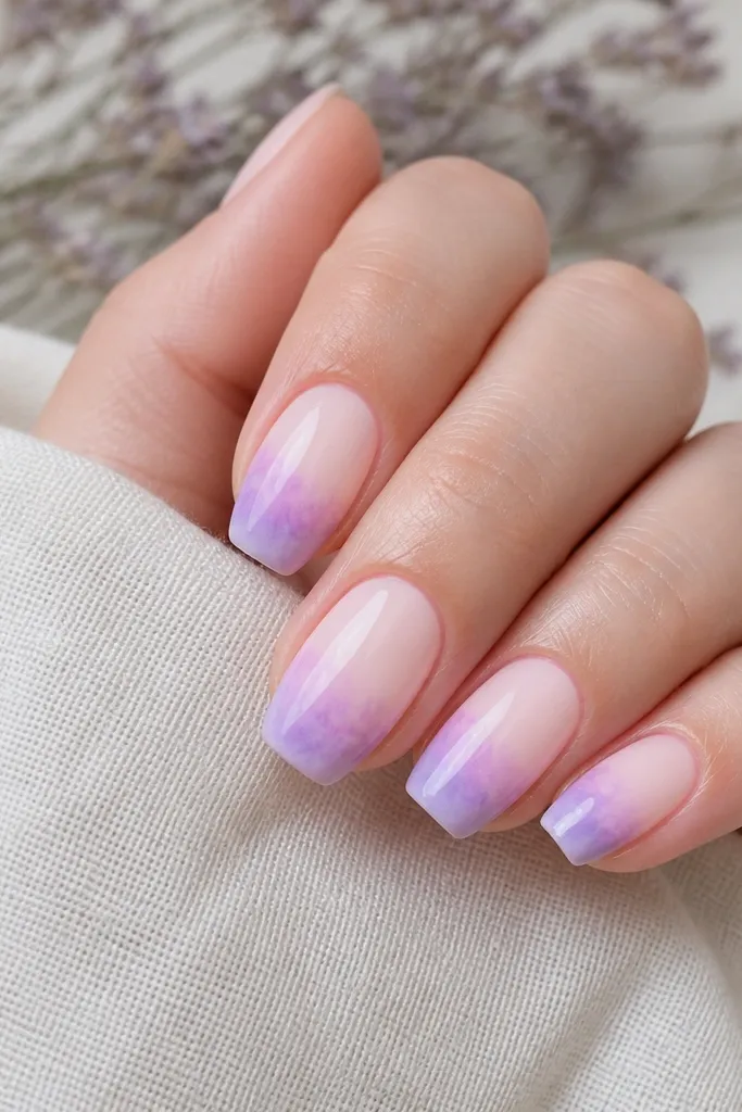 Short coffin nails in pale pink. The tips fade into a watercolor wash of pale lavender, with soft edges and no harsh line.