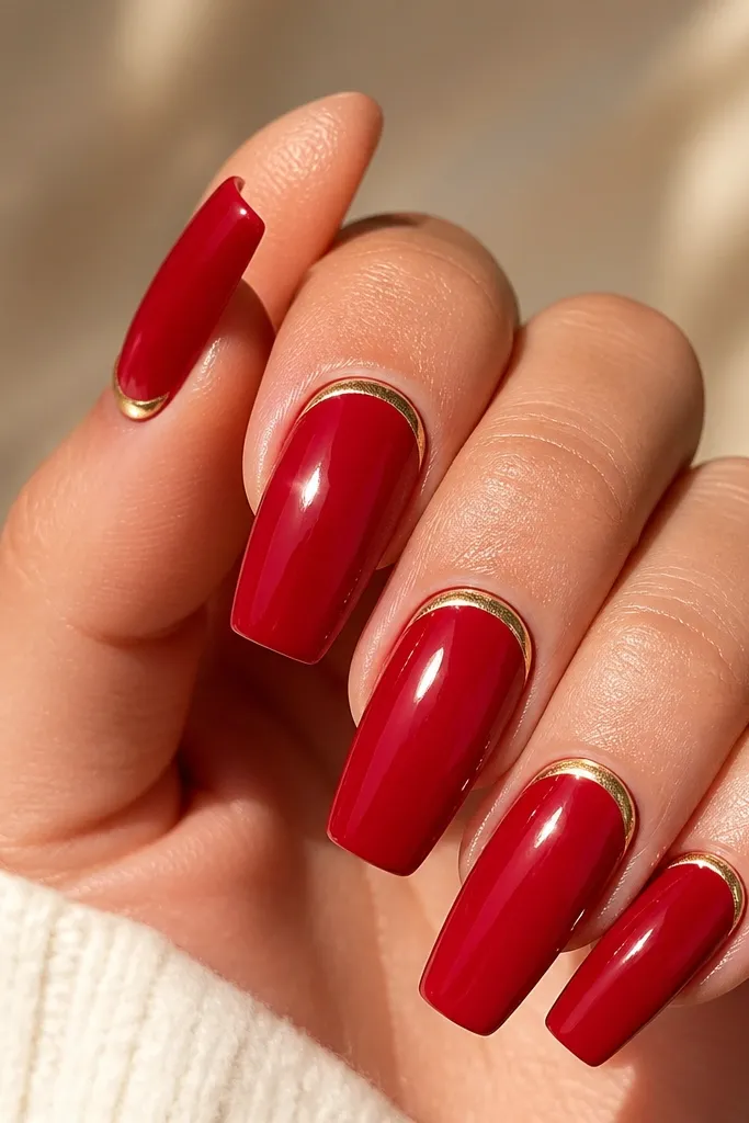 Coffin nails painted true red. A thin gold half-moon arc sits at the cuticle on each nail, leaving the rest solid red. The gold arc is sharp and reflective with a mirror-like shine.