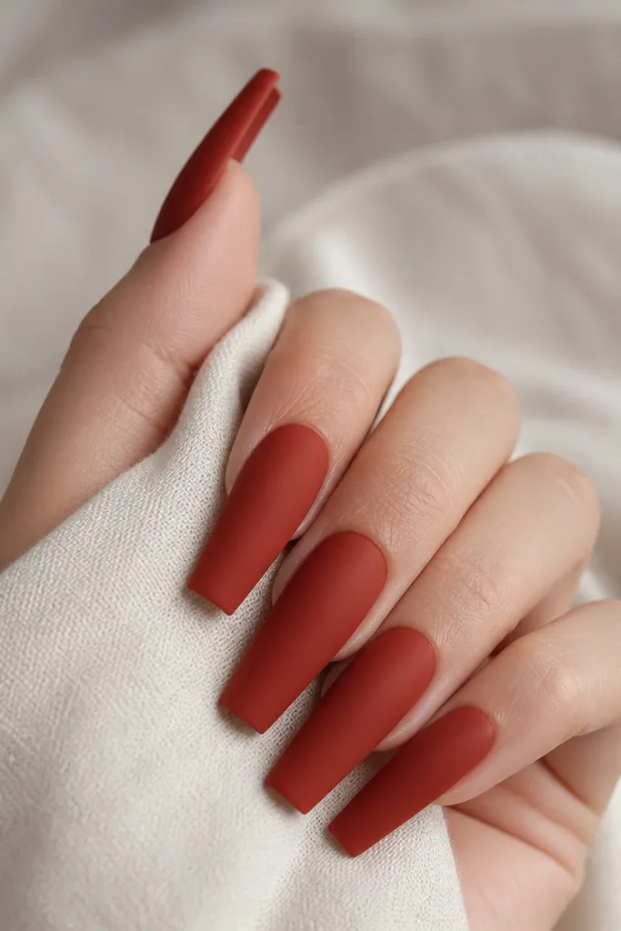 Long coffin nails in a warm brick-red. The finish is fully matte with a velvety, non-gloss surface. No art on most nails, just clean matte color.