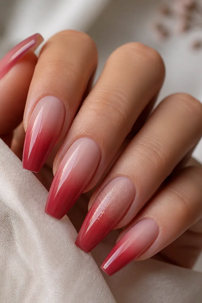 Coffin nails with a soft blush near the cuticle fading into a deeper red toward the tip. The gradient is smooth, with no harsh line. One nail has a subtle glitter dusting near the middle.