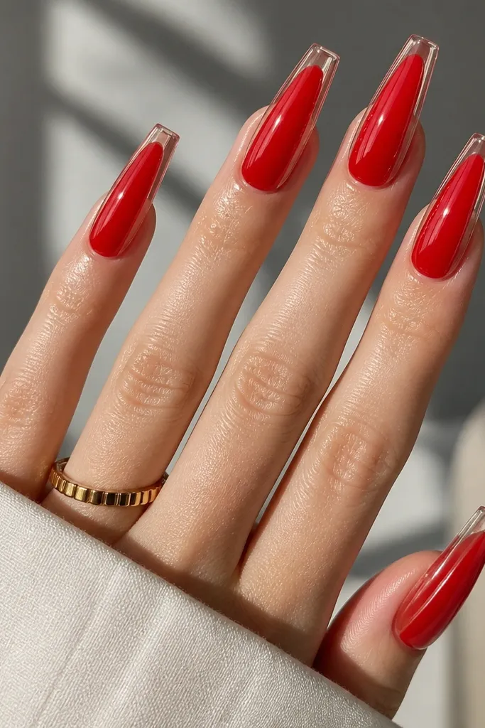Coffin nails where the center is opaque true red, but the side edges are clear. The clear sidewalls show a glossy, glass-like border around the red core.