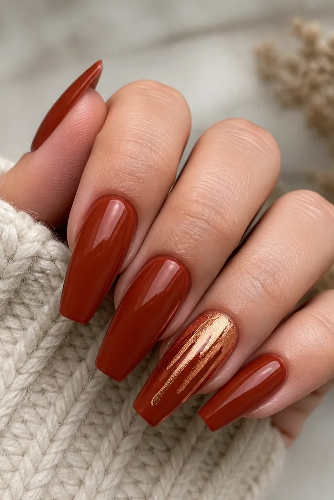 Warm brick-red coffin nails with a copper foil drip on the ring finger. The drip starts near the cuticle and runs down in a few irregular streaks. The foil is metallic and textured.