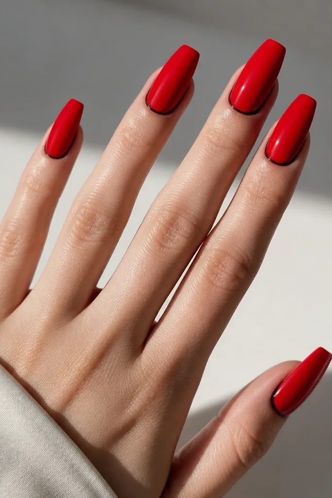 True red coffin nails with a thin black line tracing the cuticle curve, almost like a reverse French outline. The line is hair-thin and glossy. No other decoration.