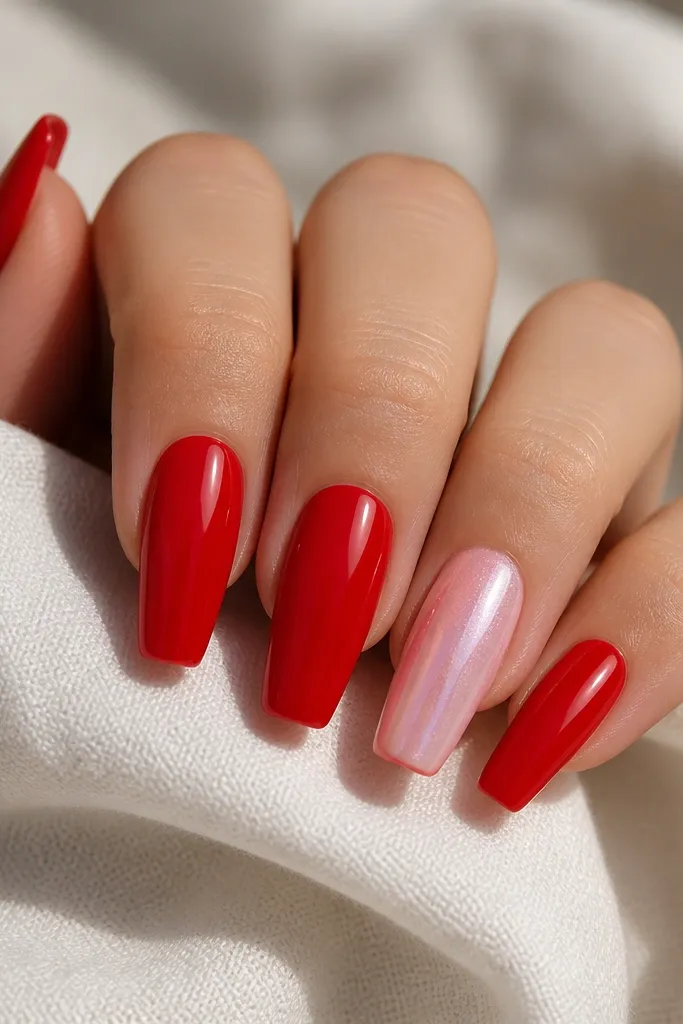 Coffin nails painted glossy true red on four fingers. The ring finger is pearlized pink with a soft sheen and subtle shimmer. No other art.