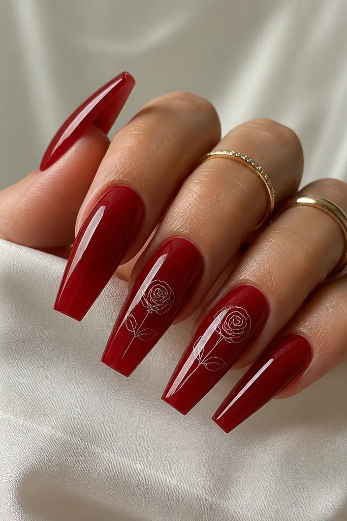 Cherry red glossy coffin nails featuring thin white rose line art on two nails. The lines are delicate and slightly curved, like a single continuous drawing. No thick petals, just outlines.