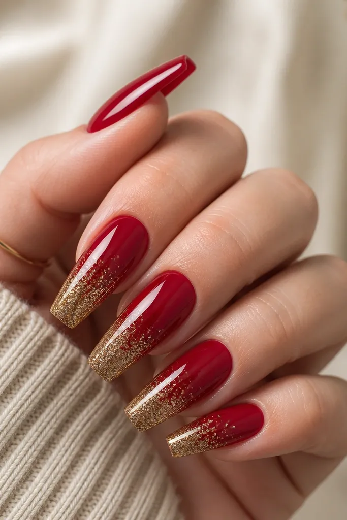 Warm red glossy coffin nails where the tip fades into gold glitter. The glitter starts around the middle of the free edge and gets denser at the very tip. No glitter on the base area.