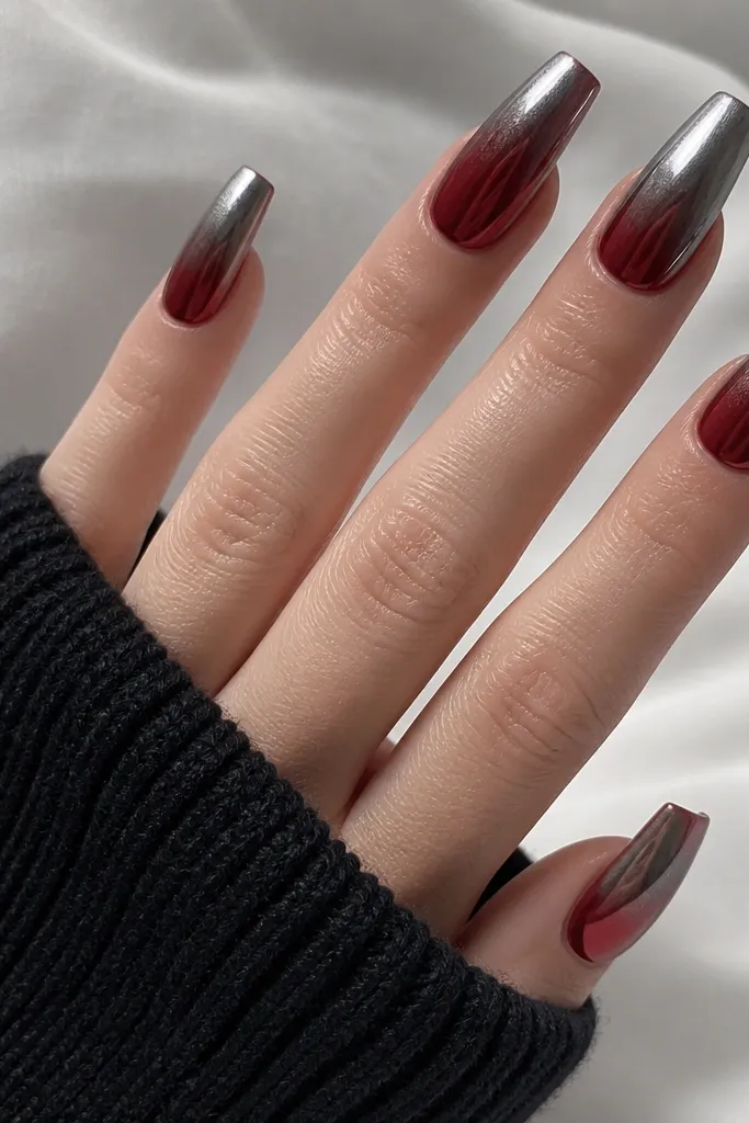 Cherry red coffin nails where the top half of each nail has a silver chrome effect. The chrome is not full mirror; it looks slightly smoky, with a soft gradient into the red base.