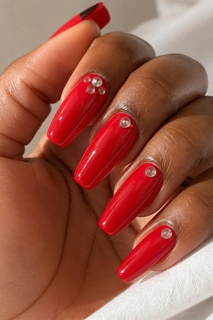 Glossy true red coffin nails with one or two clear teardrop gems near the cuticle. The gems look like glass drops with tiny reflections. Everything else is plain red.