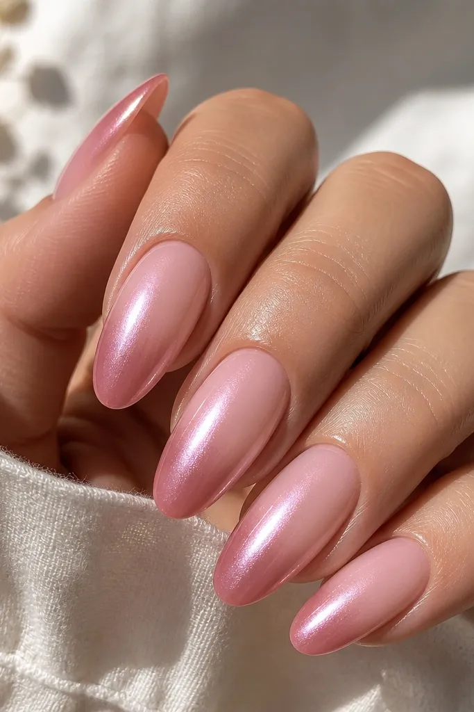 Five almond nails showing a blush pink base fading into a deeper rose at the tips, finished with a soft pearly chrome that looks like light bouncing off satin. The cuticles are clean and matte-free, with a smooth gradient and a high-gloss top shine.